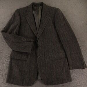 VTG Tweed Jacket M Gray Herringbone Chalk Stripe 100% Wool‎ Blazer USA 40R